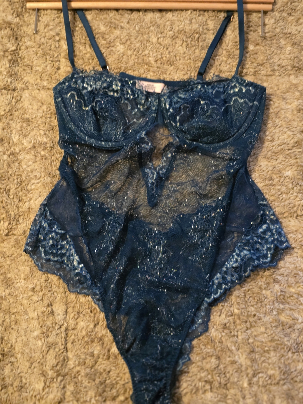 Victoria's Secret- Teal Lace Bodysuit with Silverset Inlay, Underwire Balconet